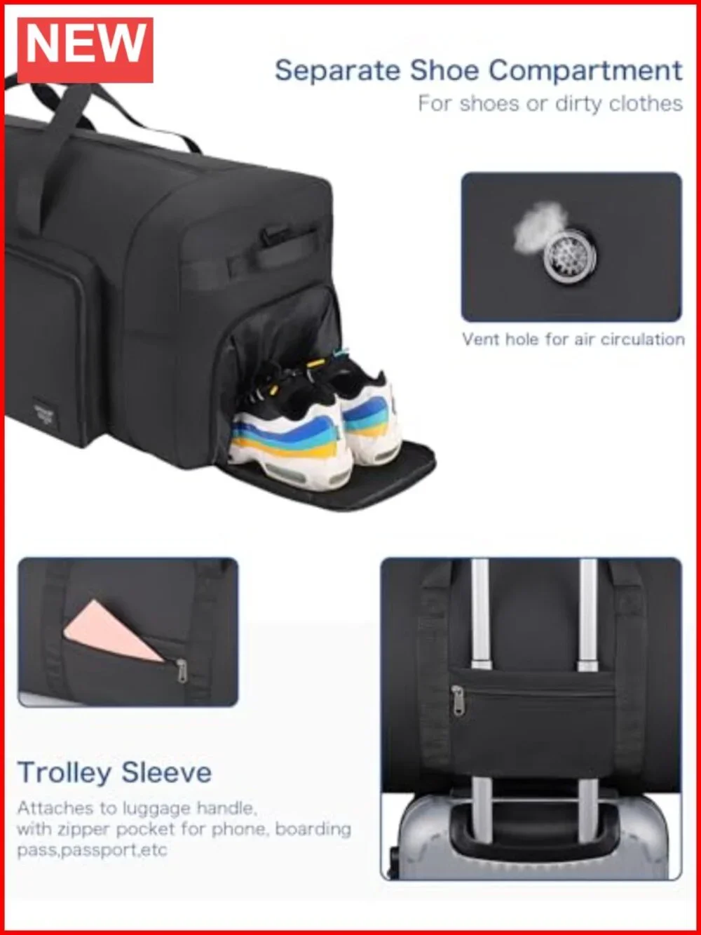 120L Travel Duffle Bag with Shoes Compartment, Foldable, Waterproof